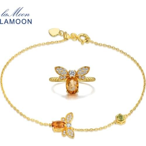 LAMOON Bee 5x7mm 1ct 100% Natural Citrine 925 Sterling Silver Jewelry S925 Jewelry Set V027-3