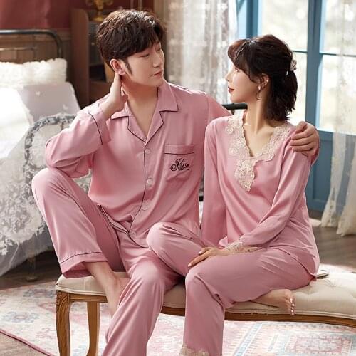 FZSLCYIYI Summer Fashion Satin Lovers Pajamas Set Couple Lace Trim Long Sleeve Suit Casual Two-Piece Elastic Homewear