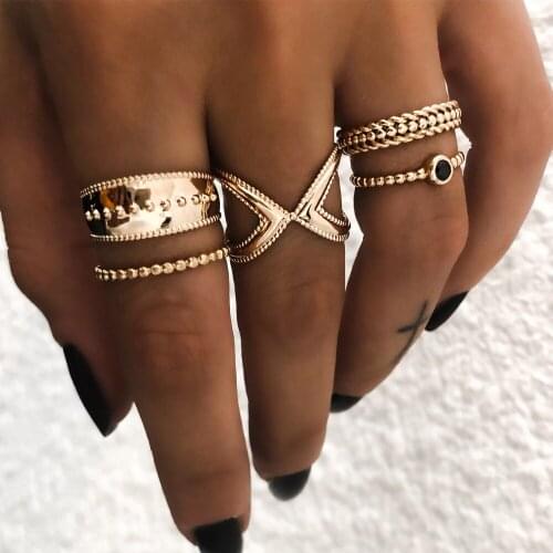Miss JQ 5 Pcs/ Set Classic Gold Color V Rings Geometric Irregular Ring Set Lady Charm Costume Jewelry Accessories Midi Rings