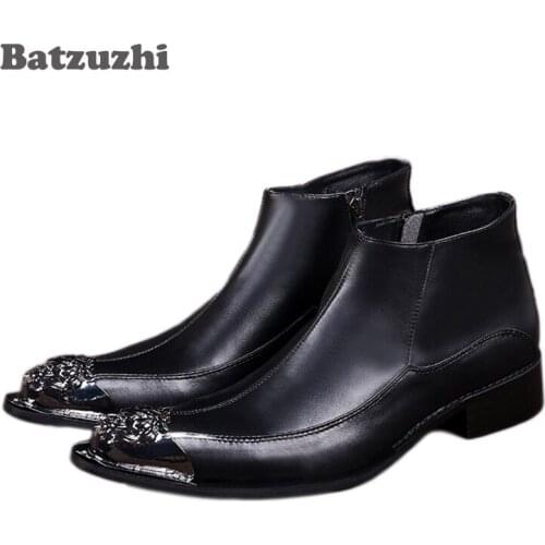Batzuzhi Japanese Style Fashion Mens Boots Pointed Iron Toe Black Men Leather Ankle Boots Zip Antumn Boots Men Botas Masculina