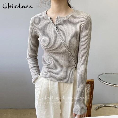Fashion Oblique Zipper Sweater 2021New Autumn Winter Solid Stretch Knitted Pullover Female Jumper Tops