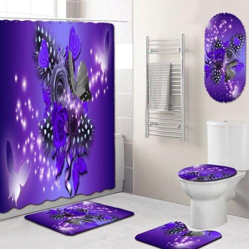 Floral 4 Piece Shower Curtain Set with Shower Mat Anti Slip Carpet Bathroom Rugs Bath Mat 3D Toillete Seat Cover for Home Decor