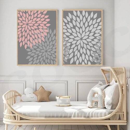 Nordic Grey Leaves Circle Flower Art Printable Pink Style Wall Art Canvas Poster and Print for Modern Home Living Room Decor