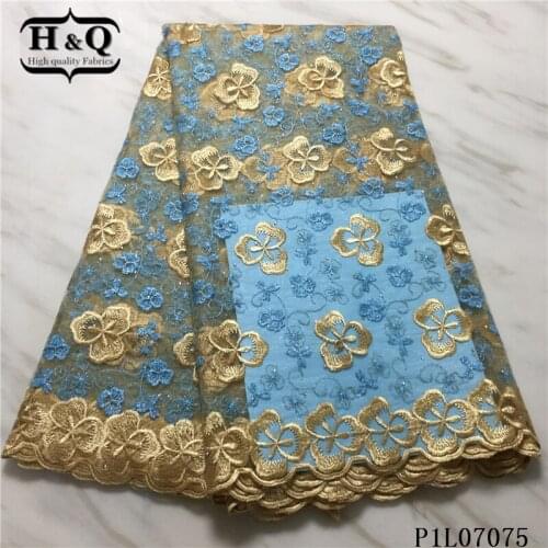 H&Q nigerian lace fabric gold embroidery with stones african lace fabric 5 yards/pcs with rhinestones net tulle for sewing dress