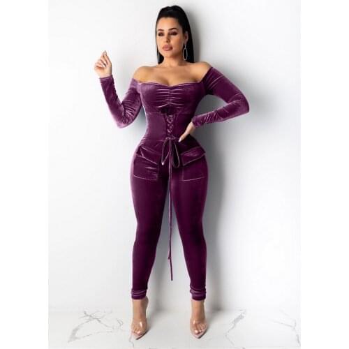 OKAYOASIS Sexy Women Slash Neck Long Sleeve Bodycon Velvet Party Jumpsuit Lace Up Skinny Club Jumpsuit Romper