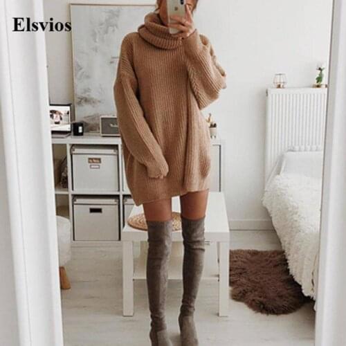 Autumn Elegant Solid Office Lady Mini Dress Women Turtleneck Warm Winter Sweater Dress Casual Long Sleeve Knitted Pullover Dress