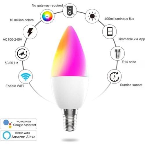 Tuya WiFi Smart Bulb RGB + W + C Full Color LED Candle Bulb E14 Dimmable Light Smart Life / Remote Control Compatible with Alexa