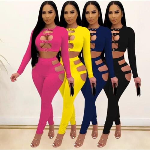 Casual Solid Patchwork Two Piece Set Women Sexy Hollow Out Long Sleeve Crop Top + Pencil Pants Suit Clubwear Matching Set Outfit