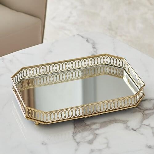 Gold Plating Hollow Iron Glass Mirror Tray In Rectangle Round Shapes With Small Large Sizes Modern Home Tabletop Storage Holder