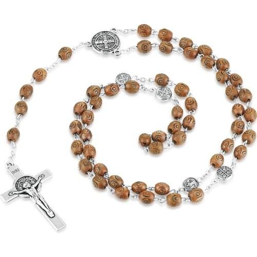 Religious Saint Benedict Medal Necklace Pendant Antique Wooden Rosary Beads Cross Necklaces Womens Catholic Jewelry Gift