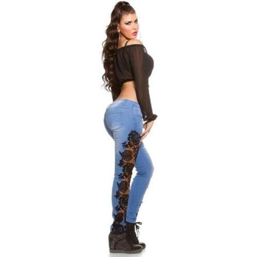 Sexy Womens low waist Lace washed Denim Jeans Hollow out Crochet jeans pencil Pants for women