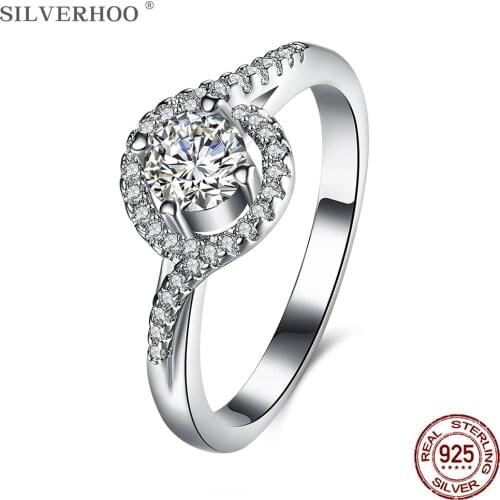 SILVERHOO Engagement Rings For Women Sterling Silver 925 Jewelry Round Cubic Zirconia Irregular Curve Finger Ring New Arrival