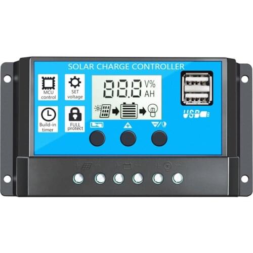 60A/50A/40A/30A/20A/10A Auto de 12V 24V controlador de carga Solar PWM controladores LCD Dual USB salida Panel Solar regulador