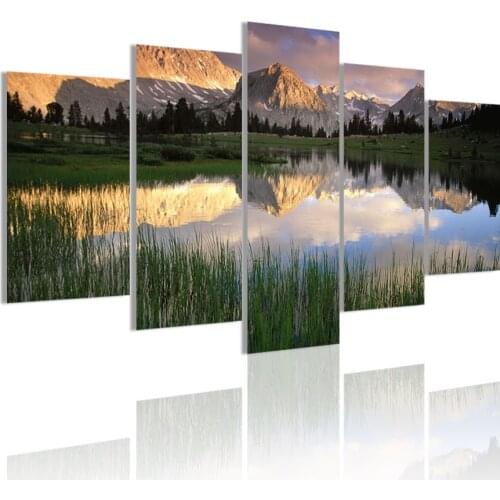 Modern Mountain Reflection Lake Landscape 5 Panels Canvas Painting Poster Wall Art Print Picture Living Room Home Decor Frame