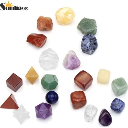Sunligoo 7 Chakra Raw Stones+7 Chakra Tumbled Irregular Natural Stones+7 Chakra Crystal Plantonic Solids Geometry Decoration Set