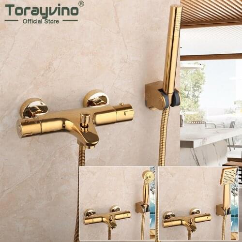 Torayvino Golden Thermostatic Bathroom Faucet Shower Handle Shower Combo Set Wall Mounted Bathtub Cold And Hot Mixer Water Tap