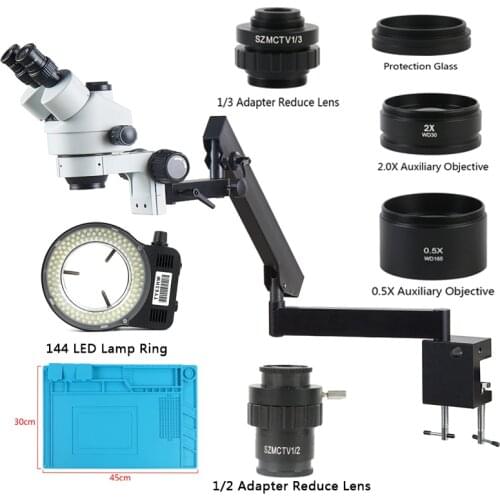 Simul-Focal 3.5X-90X Trinocular Stereo Microscope Articulating Arm Clamp Auxiliary Objective Lens 144 LED Lamp For Soldering