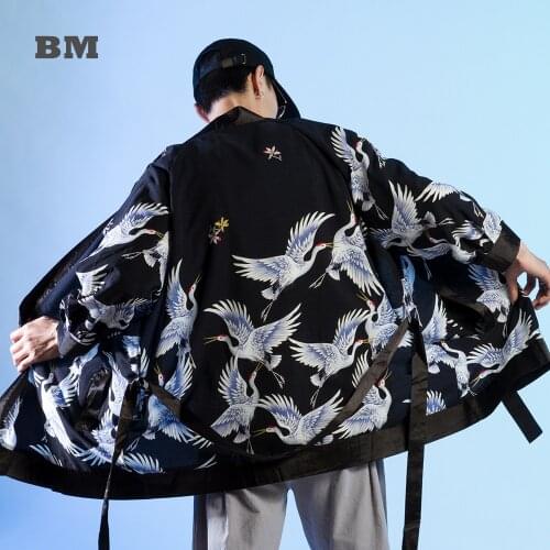 Spring Summer Crane Print Mid-Length Road Gown 2021 Chinese Style Hanfu Men Plus Size Cardigan Oversized Couple Shirt Coat