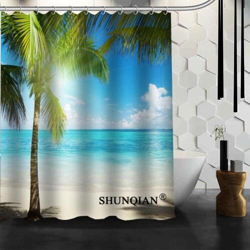 Custom beach,Coconut tree, sea,blue sky Shower Curtain High Quality bathroom Accessories Polyester Fabric Curtain With holes