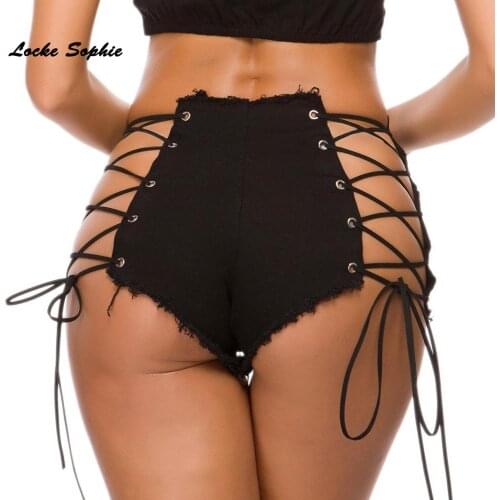 High waist Womens jeans denim shorts 2021 Summer denim cotton Bandage Splicing broken hole Ladies Skinny Sexy super short jeans