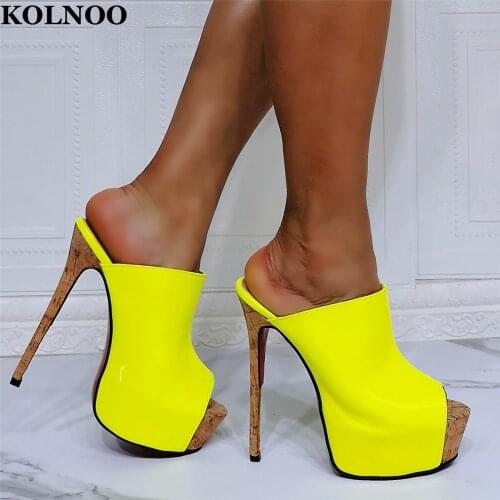Kolnoo Handmade New Style Ladies High Heel Slippers Patent Leather Peep-Toe Easy Wear Sexy Platform Real Photos Fashion Sandals