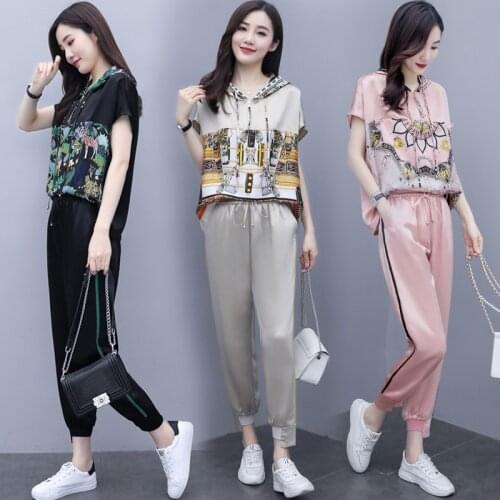 Women 2 Piece Summer Sets 2021 Womens Casual Sportswear Set Short-sleeved Printed Hooded Tops+ Long Pant Tracksuit Suit