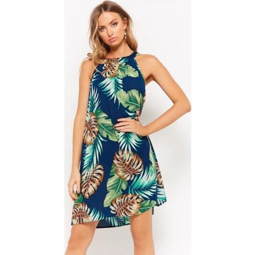 BYUAN Women Dress Summer 2018 Sleeveless Floral Print Dress Halter Beach Women Dresses Free Shipping Lady Dresses Green