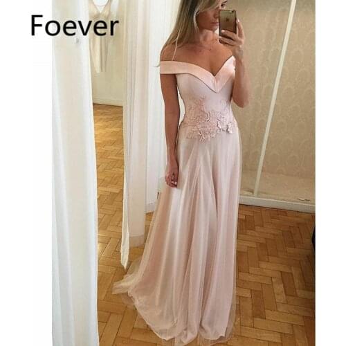 2019 Blush Pink Off Shoulder Evening Dresses with Appliques A-Line Tulle Vestido de festa longo Long evening dress for women