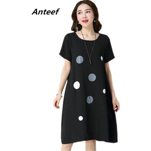 Short sleeve black cotton linen vintage Polka Dot women casual midi loose summer dress elegant clothes 2021 dresses sundress