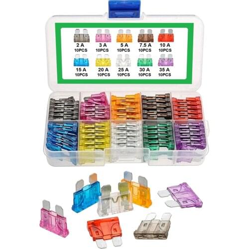100 Pieces - Assorted Car Truck Standard Blade Fuse Set (2/3/5/7.5/10 / 15/20 / 25/30/35 AMP)