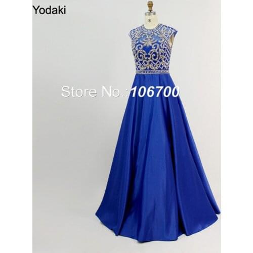 2018 New Arrival Ballgown High Neck Cap Sleeves Evening Dresses Crystal Beading Open Back Royal Blue Color Long Party Prom Gowns