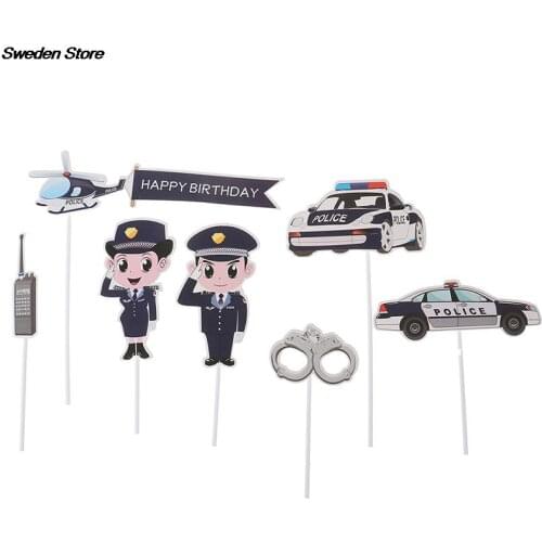 7Pcs Police Cake Toppers Policewoman Male Policeman Plane Handcuffs Call Machine Decoration Happy Birthday Party Kids Boy Girl