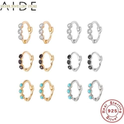 AIDE 925 Sterling Silver Hoop Earrings for Women Luxurious 3 Round Zircon Turquoise Row Pierced Earings Fine Jewelry kolczyki