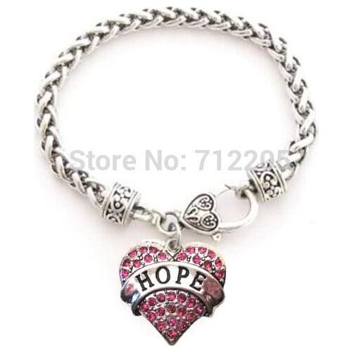 Antique silver plated Hope with rose Crystal Heart Wheat Link Bracelet Chain with Lobster Claw Bracelet