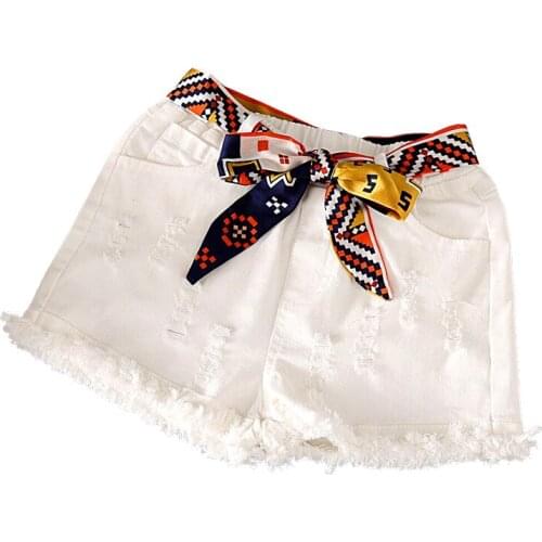 Girls white denim shorts hole-breaking childrens summer Korean big children cotton loose stretch thin hot pants parents