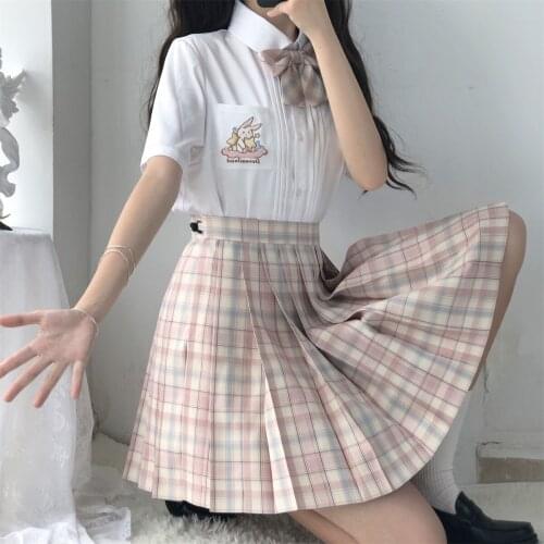 Dreamland Original Design Cool Japanese Womens JK Uniform: Rabbit Embroidery Pocket Blouse + Pleated Skirt & Necktie & Neckbow