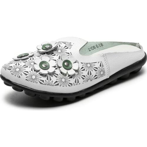 Summer Genuine Leather Women Flats Hollow Slip On Leather Loafers Ladies Shoes Korean Style Soft Moccasins Half Slippers Size 44