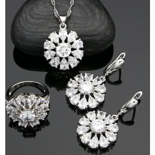 925 Sterling Silver Jewelry Sets For Women Wedding Jewelry White Crystal Drop Earrings Necklace Flower Pendant Ring Silver Kit