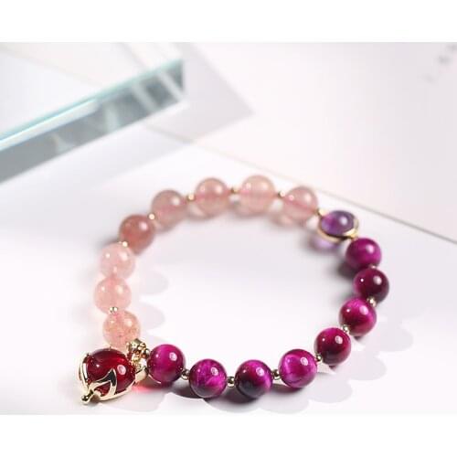Natural Strawberry Crystal/Amethyst/Rose Red Tigers Eye Beads Fox Brave Troops Pendant Bracelets Women Fine Jewelry 2021 YBR350