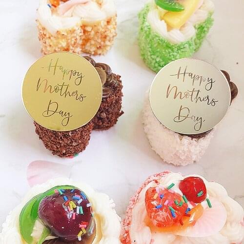 New Gold Happy Mothers Day Cupcake Topper Rose Gold Father Acrylic Cake Topper for Birthday Party Cake Decorations 5cm Circle
