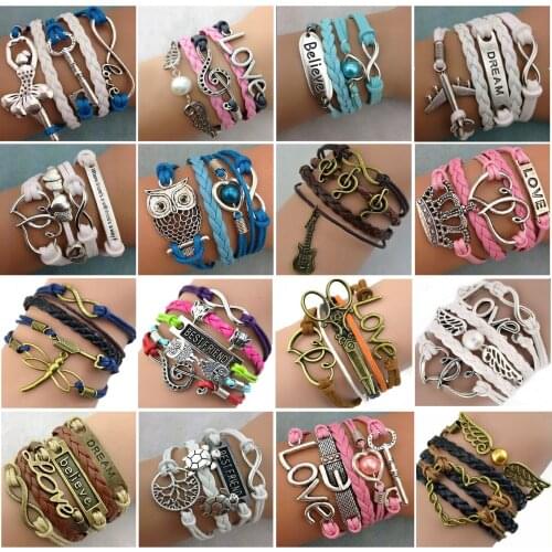 Wholesale 30pcs/Lots Mix Style Infinity Love Charm Bracelets Antique Multilayer Leather Bracelets For Women Jewelry