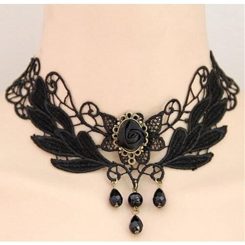 1PCNice Womens Style Black Fabric Rose Flower Beads Pendant Choker Lace Necklace Gothic Jewelry False Collar Statement Necklace