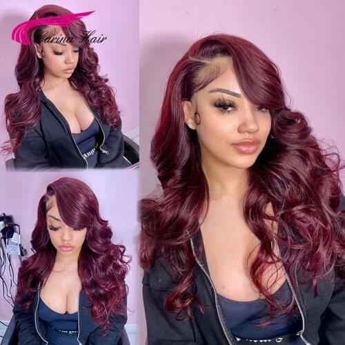 Burgundy Color Lace Front Human Hair Wigs Red Burgundy 180% Remy Wavy Brazilian Lace Frontal Wigs For Women Preplucked