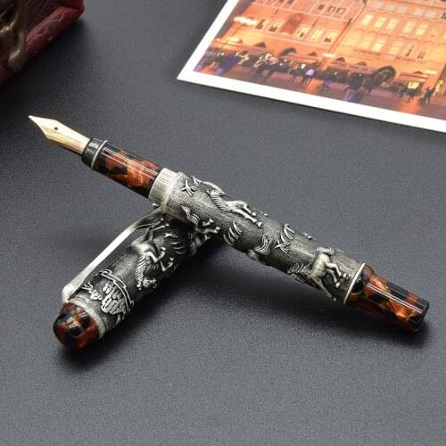Fuliwen 14K Fountain Pen Celluloid Cap Eight Running Horses Medium Point 0.7mm & Wooden Gift Box For Great Collection