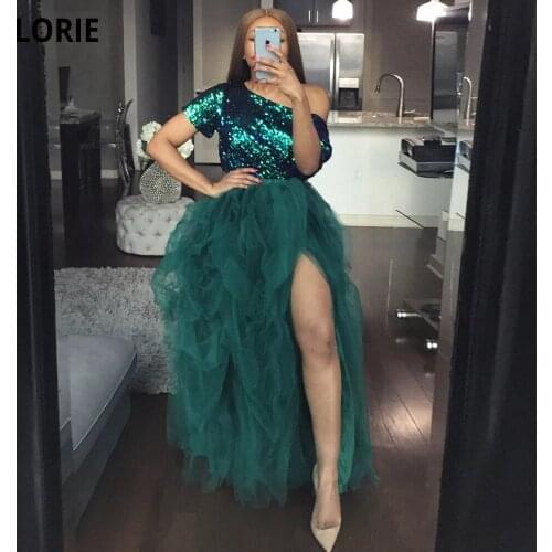 LORIE Dark Green Prom Dresses One Shoulder Short Sleeve Sequined Organza Evening Dresses Long Formal Party Dancing Dress Split