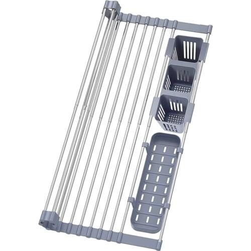 Expandable Roll Up Dish Drying Rack Up to 22.8 Inch with 2 Storage Baskets,Dish Drainer Dish Drying Rack in Sink