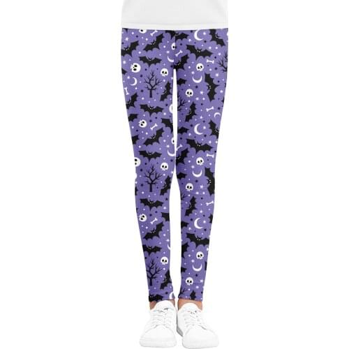 Girls Halloween Leggings Colorblock Skull And Bat Print Sweatpants (Purple)