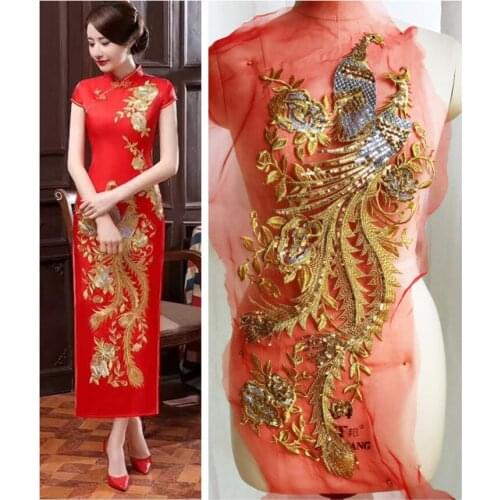 Super gorgeous colour Lace embroidery patches Golden sequins Red Eugen yarn Phoenix Applique for DIY dress Wedding dress