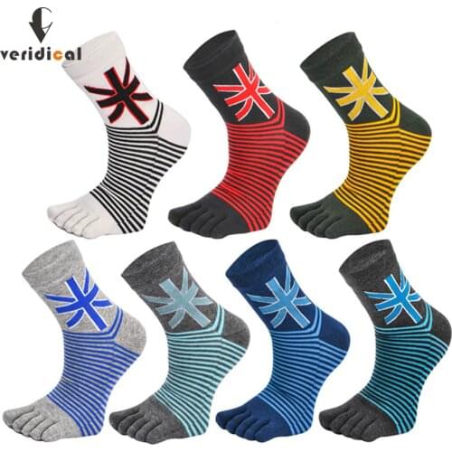Veridical 5 Pairs/Lot Five Finger Socks For Mans Cotton Street Fashion Socks With Toes Striped Colorful Party Dress Long Socks