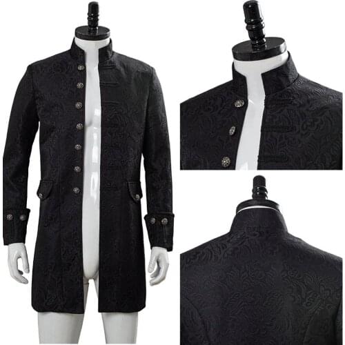 New Black Steampunk Mens Windbreakers Retro Trench Coat Jacket Gothic Victorian Uniform Medieval Coat Vest Opera Costume